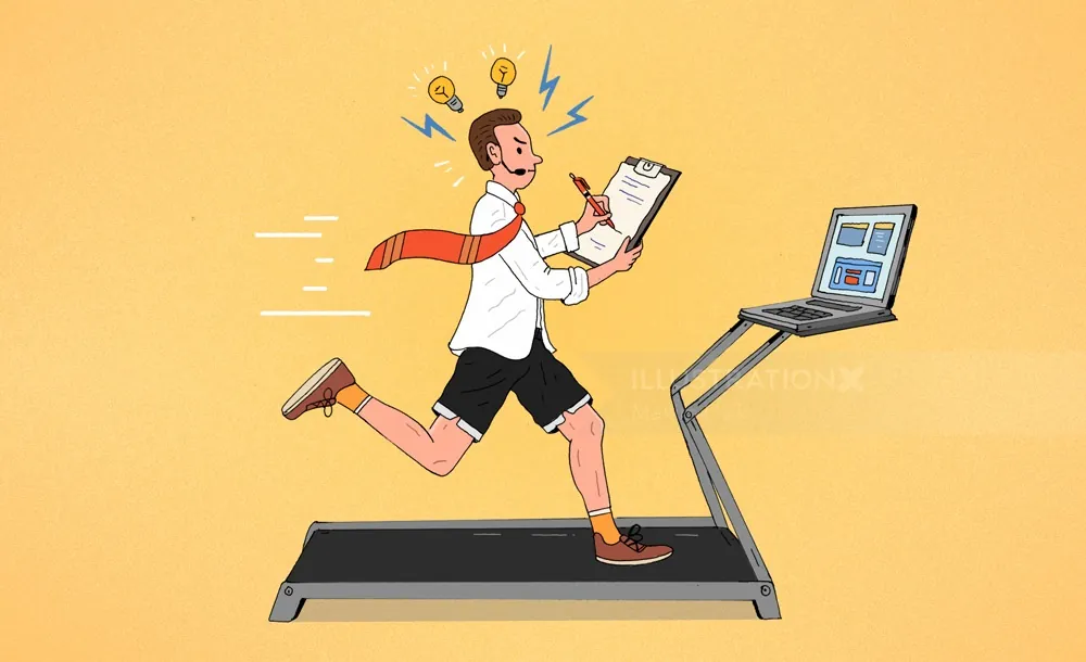 Man running on treadmill while holding clipboard, sitting harms health Maxim Usik