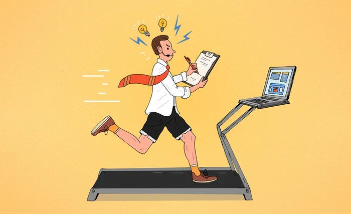 Man running on treadmill while holding clipboard, sitting harms health Maxim Usik