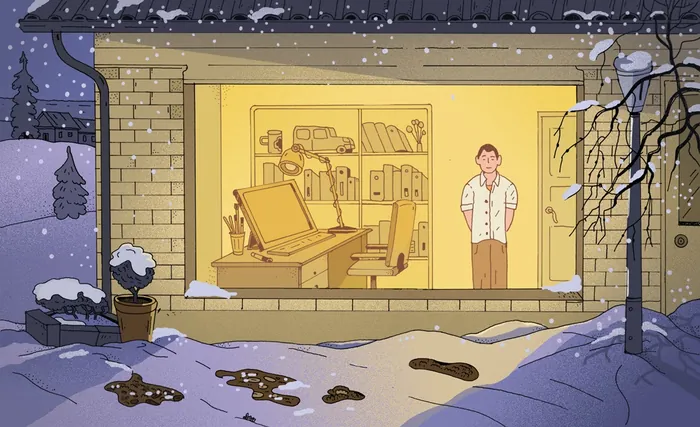 Home office glowing warmly in snowy night showing solitary worker by Maxim Usik