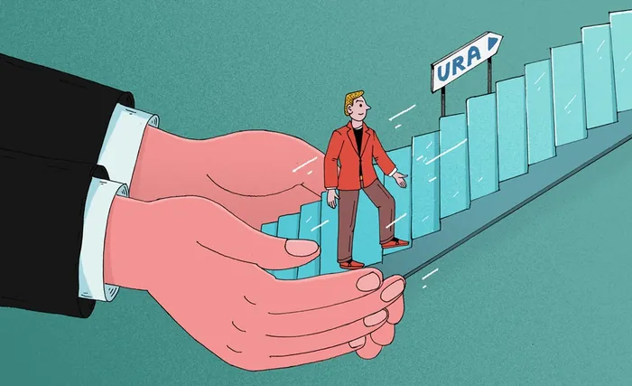 Man climbing glass stairs labeled URA supported by large hands by Maxim Usik