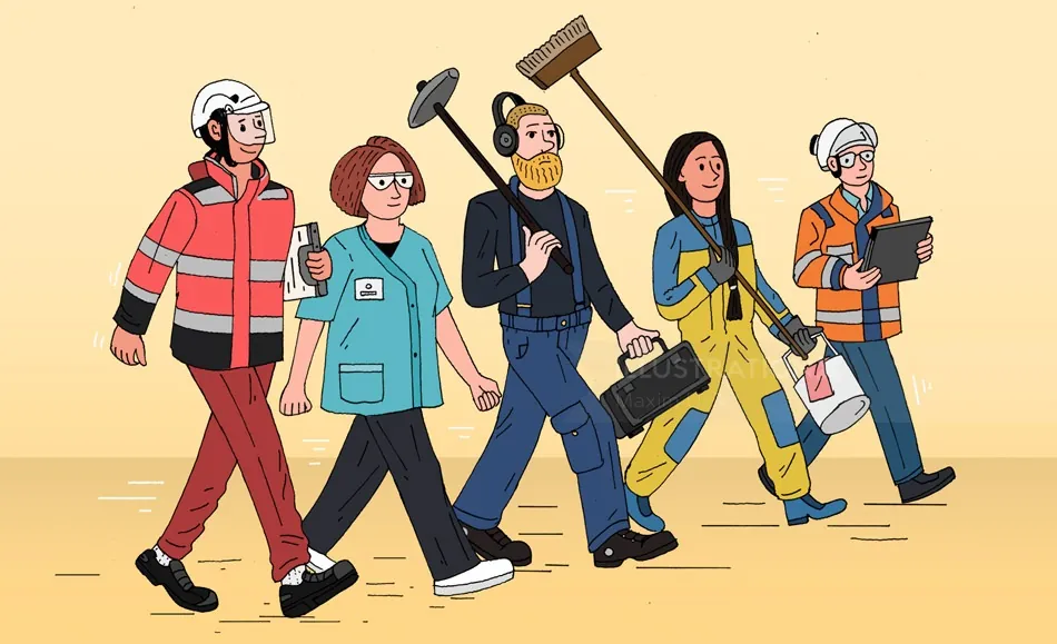 Illustration of five workers in different work clothing by Maxim Usik