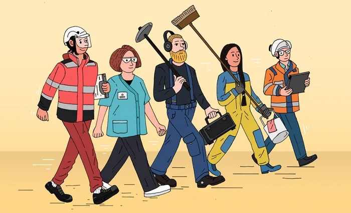 Illustration of five workers in different work clothing by Maxim Usik