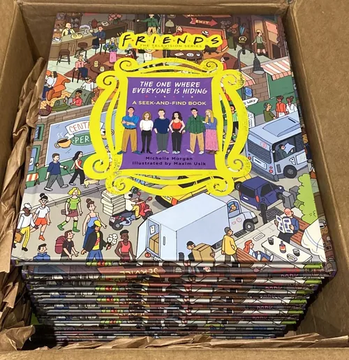 Friends seek-and-find book with cartoon city scene and characters