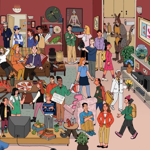 Illustration of Friends cast hiding in iconic Central Perk setting