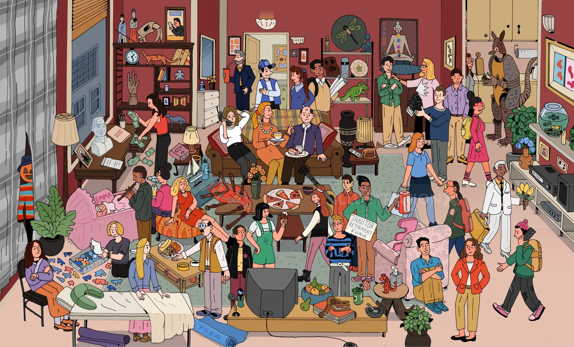 Illustration of Friends cast hiding in iconic Central Perk setting