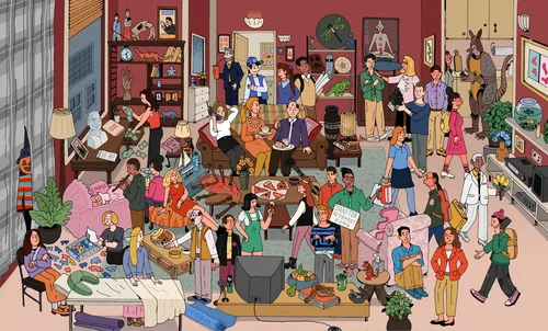 Illustration of Friends cast hiding in iconic Central Perk setting