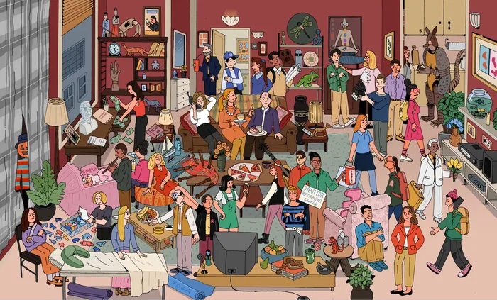 Illustration of Friends cast hiding in iconic Central Perk setting