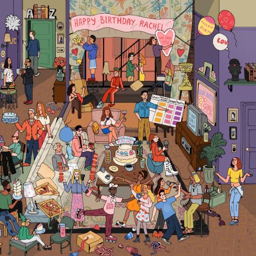 Cartoon party scene with many characters celebrating a birthday indoors