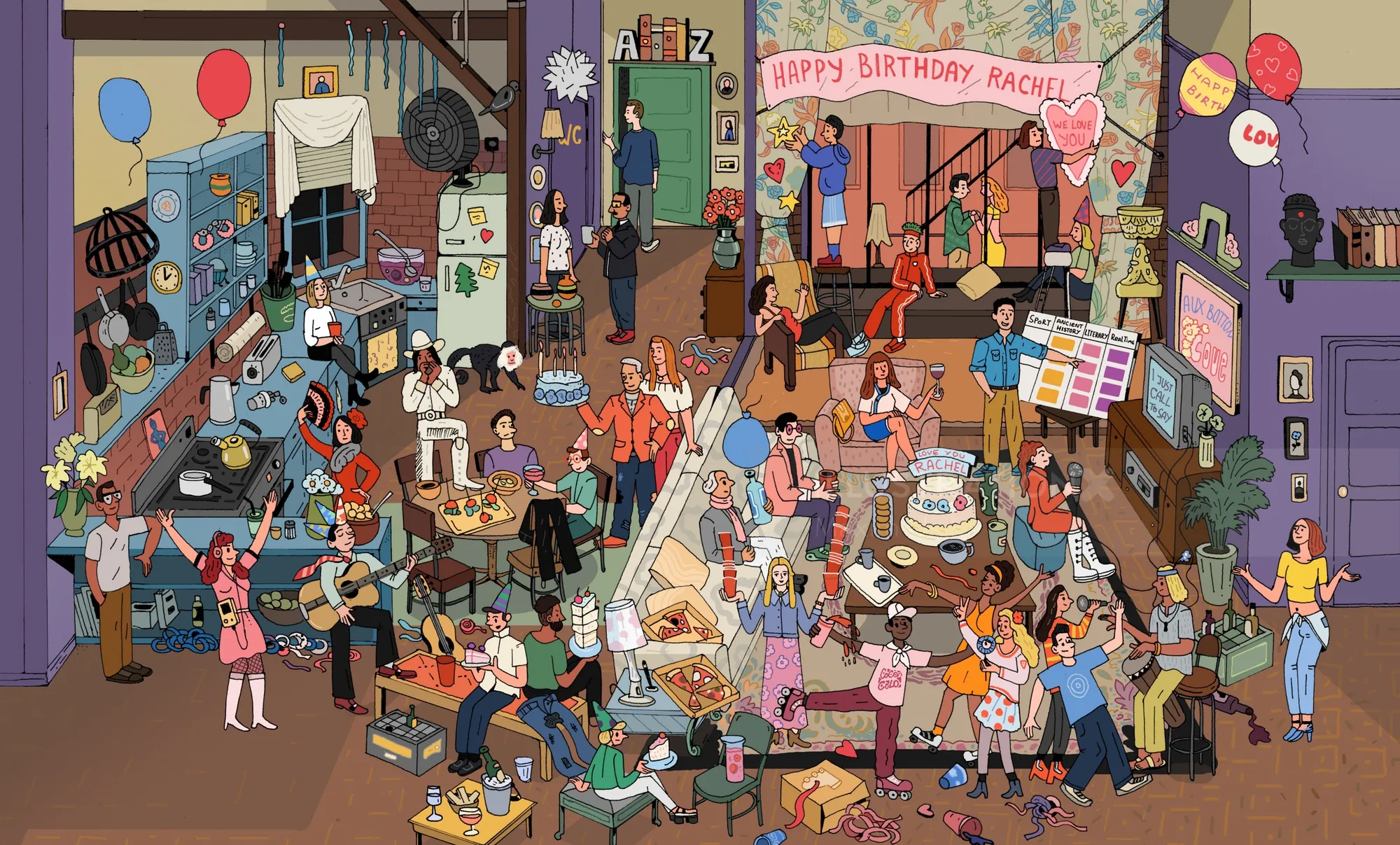 Cartoon party scene with many characters celebrating a birthday indoors