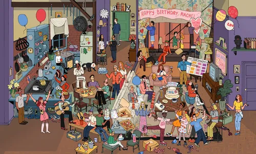 Cartoon party scene with many characters celebrating a birthday indoors