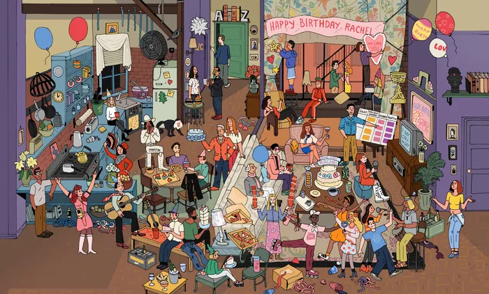 Cartoon party scene with many characters celebrating a birthday indoors