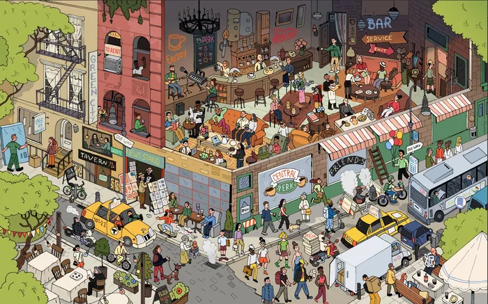 Crowded street and cafe scene with many people engaged in various activities