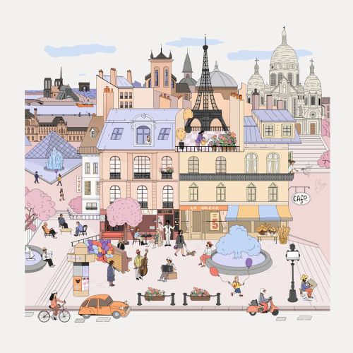 Illustration of Paris cityscape with Eiffel Tower and Sacré-Cœur