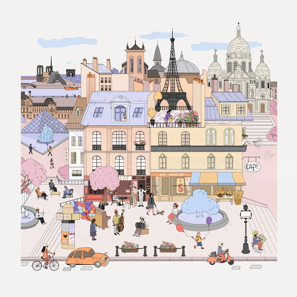 Illustration of Paris cityscape with Eiffel Tower and Sacré-Cœur