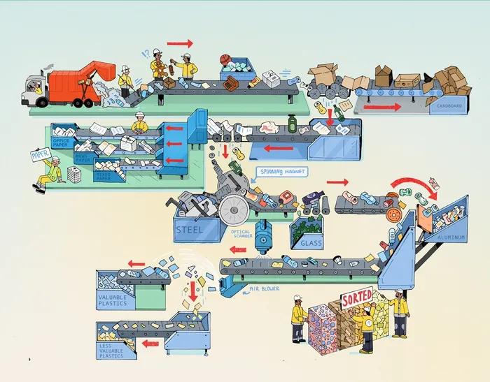 Detailed diagram showing waste collection, sorting, and recycling steps.