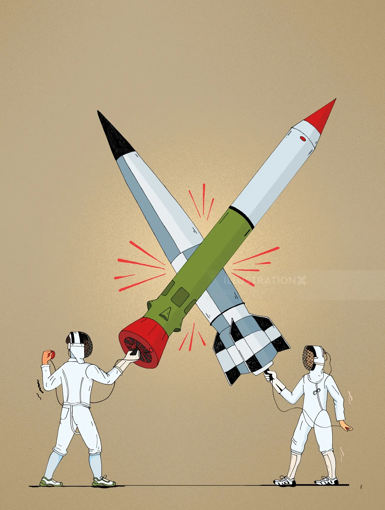 Two astronauts holding crossed missiles with red highlights