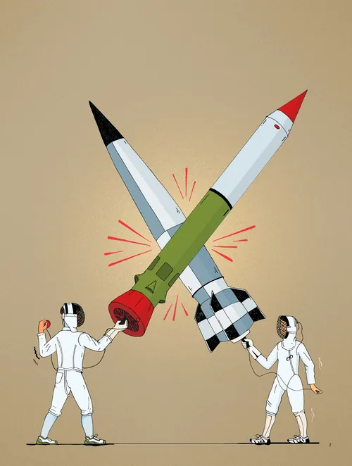 Two astronauts holding crossed missiles with red highlights