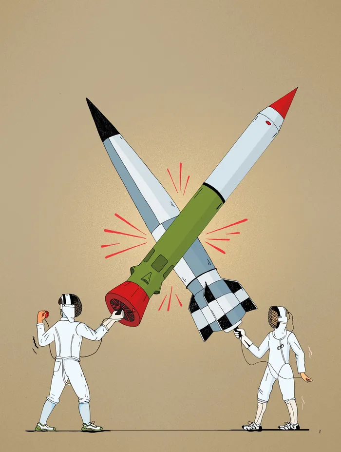 Two astronauts holding crossed missiles with red highlights