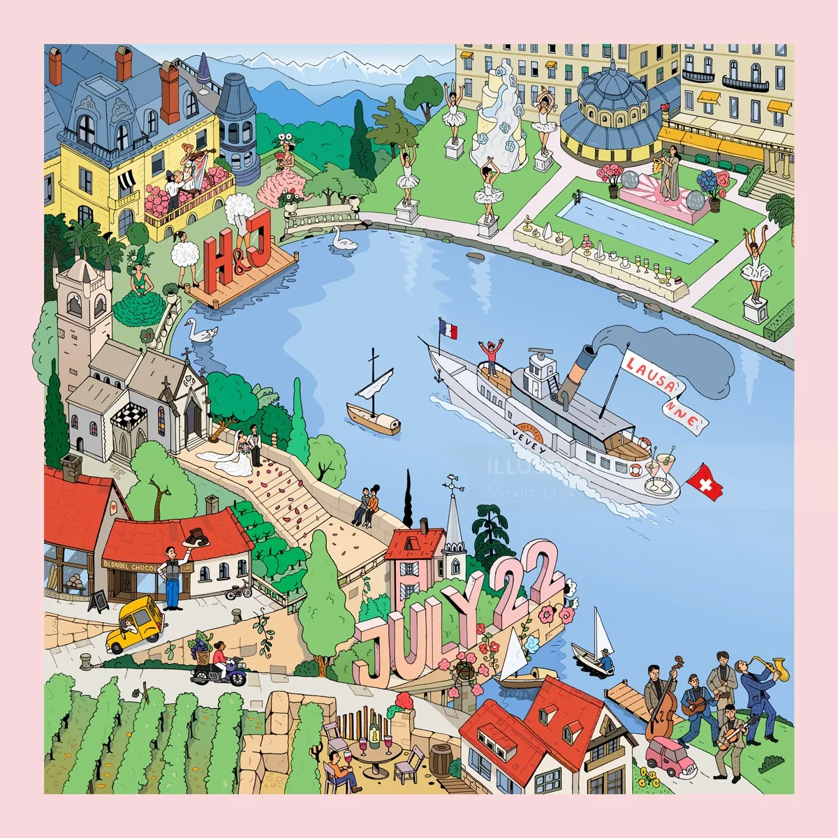 Lakeside town celebration with boats, buildings, and people around the water