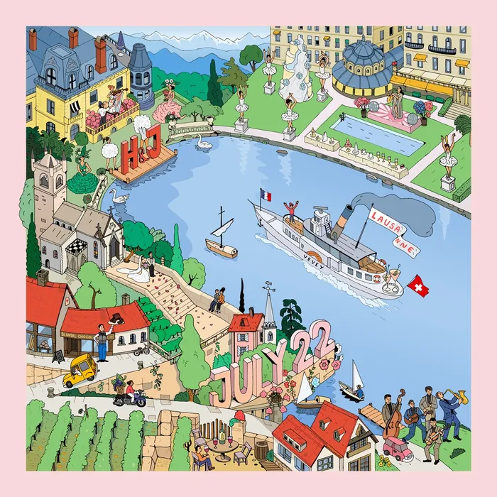 Lakeside town celebration with boats, buildings, and people around the water
