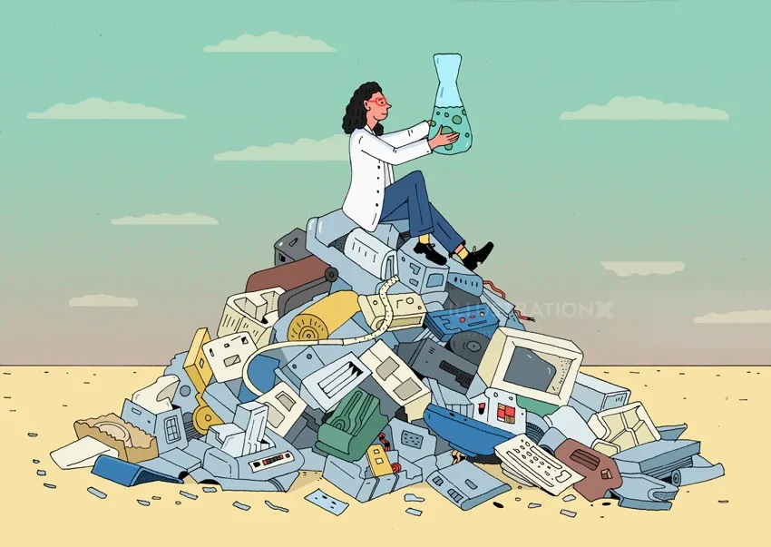 Scientist sitting on electronic waste holding a chemical flask in desert