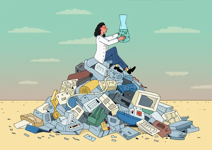 Scientist sitting on electronic waste holding a chemical flask in desert