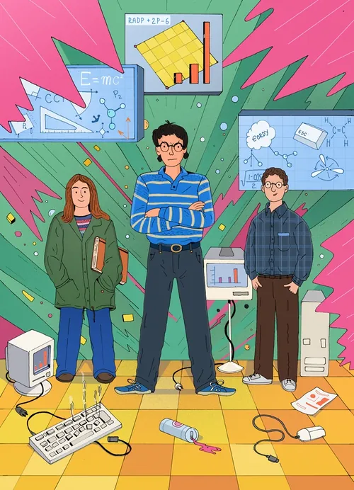 Three individuals with charts and scientific formulas in a vibrant room.
