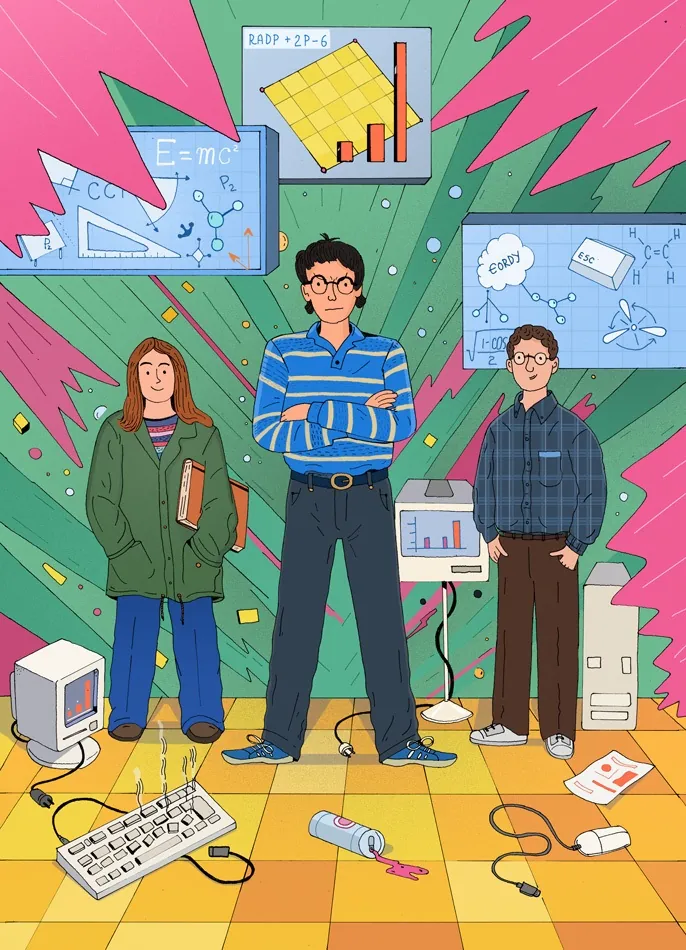 Three individuals with charts and scientific formulas in a vibrant room.