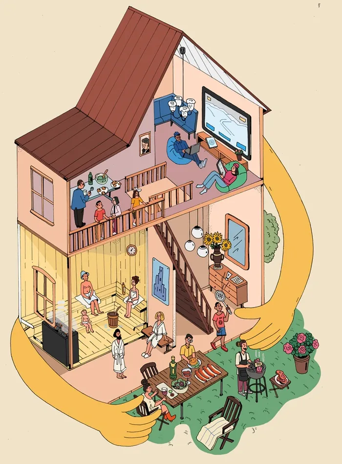 Multi-level house with people cooking, relaxing, and socializing inside and outside