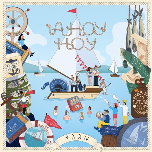Illustration of sailors on boat with fishing gear and nautical decorations