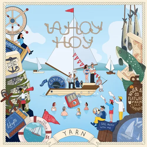 Illustration of sailors on boat with fishing gear and nautical decorations