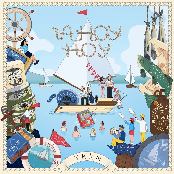 Illustration of sailors on boat with fishing gear and nautical decorations