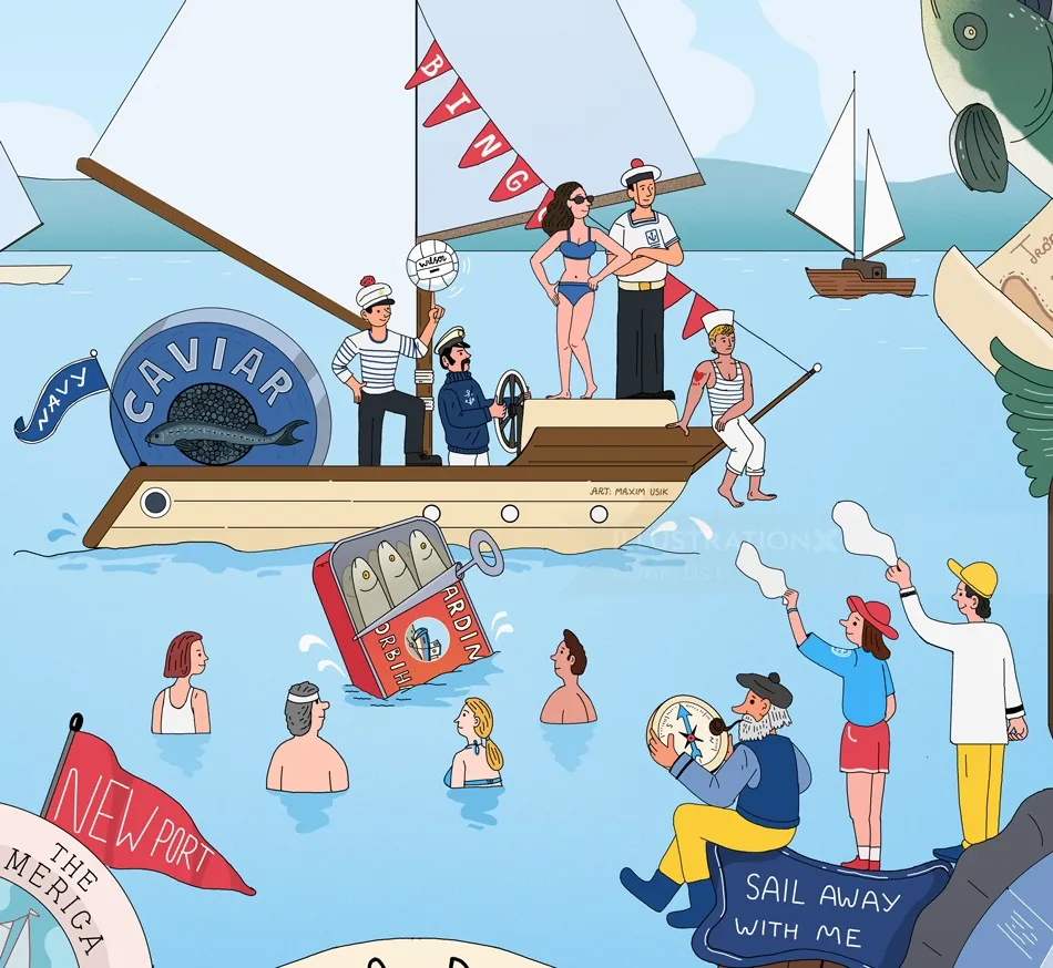 People sailing and swimming around a fishing boat with caviar branding.