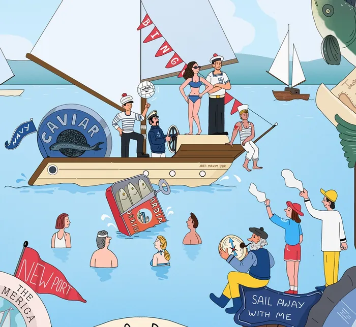 People sailing and swimming around a fishing boat with caviar branding.