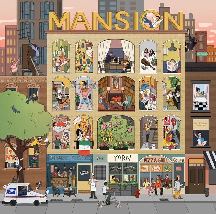 Illustration of a mansion with various rooms showing people in daily activities