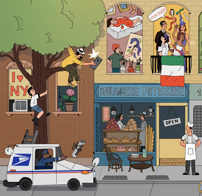 Cartoon bakery street scene with dancing, climbing, and a postal scooter