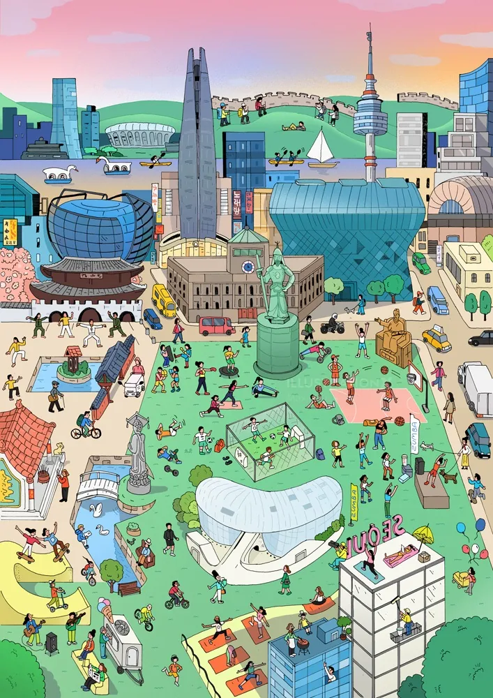 Illustrated Seoul city park with people playing sports and landmarks
