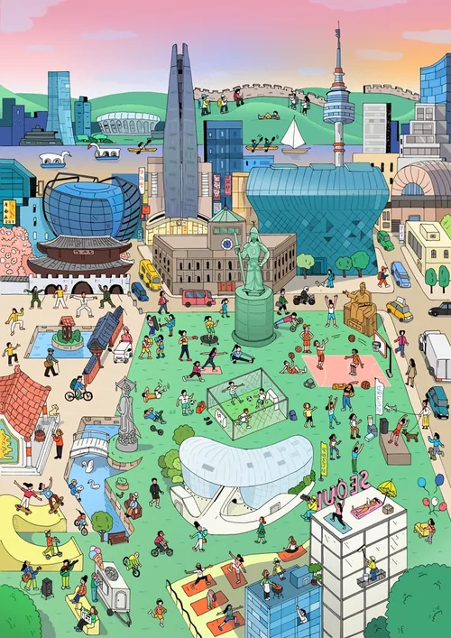 Illustrated Seoul city park with people playing sports and landmarks