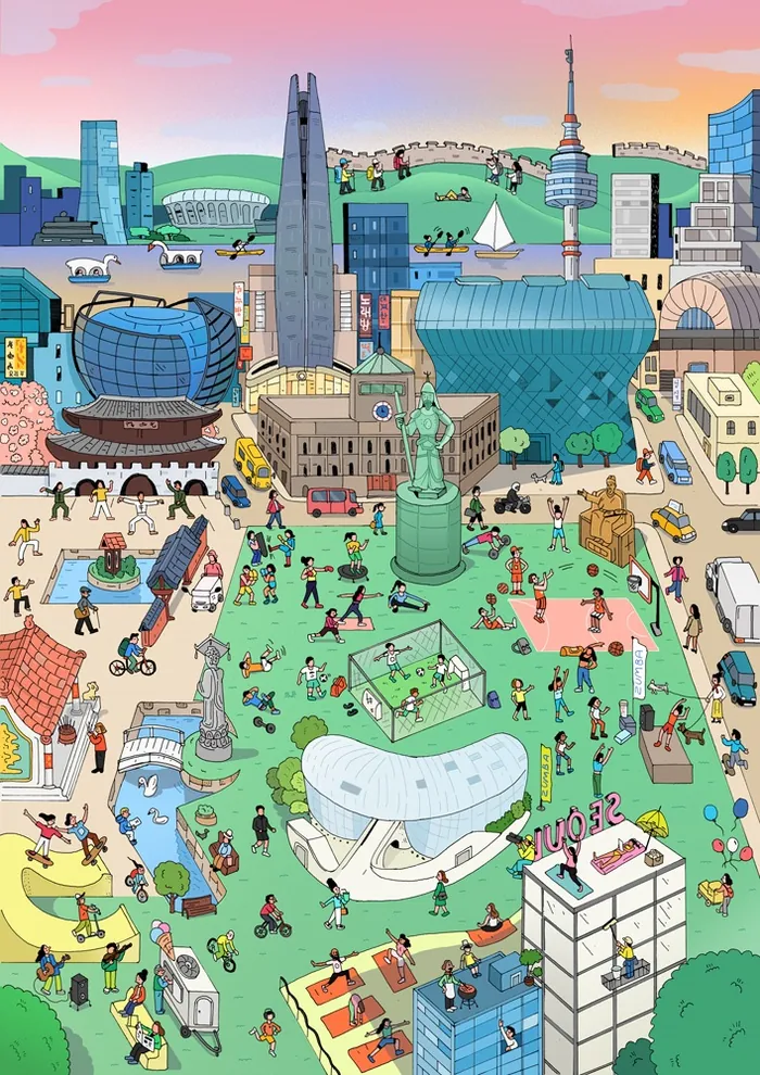 Illustrated Seoul city park with people playing sports and landmarks