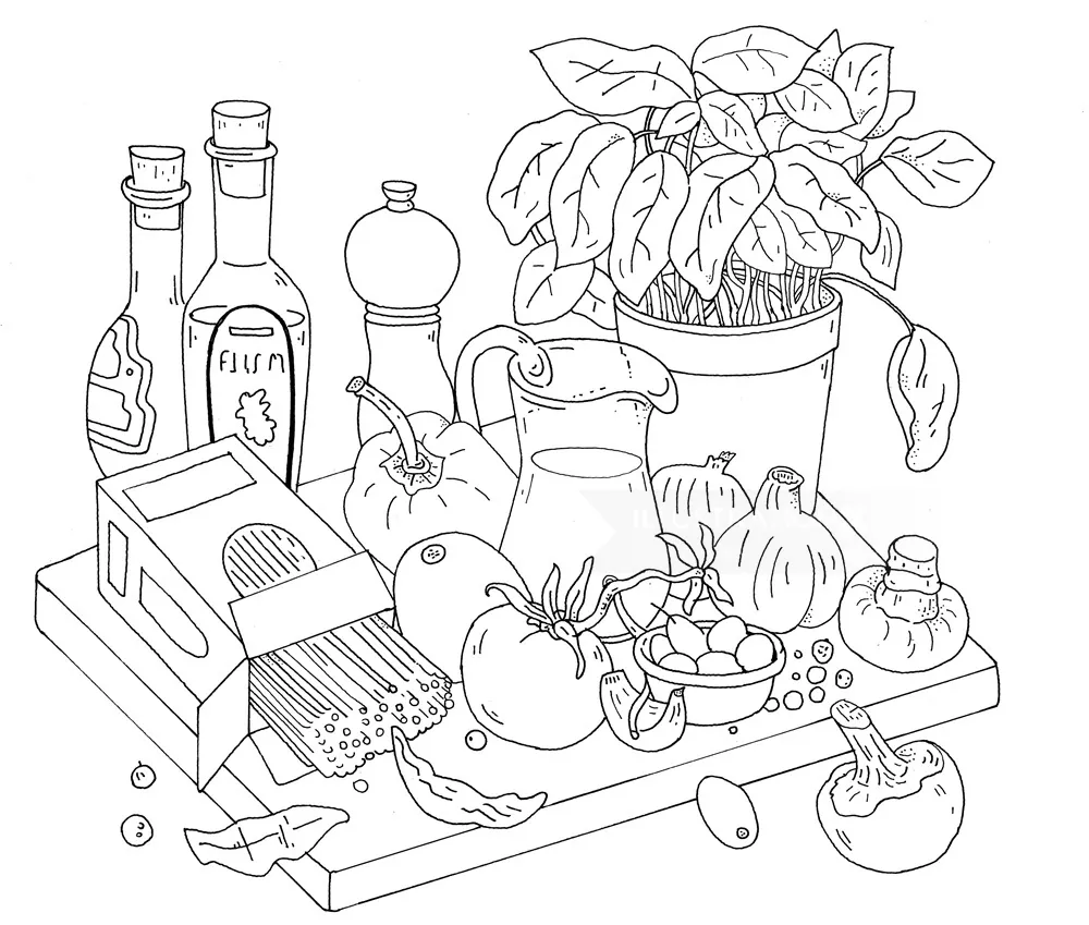 Line drawing of kitchen items including vegetables, bottles, and a potted plant