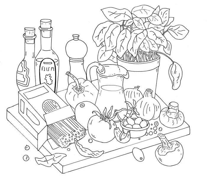 Line drawing of kitchen items including vegetables, bottles, and a potted plant