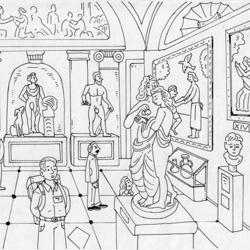 Line drawing of museum interior with classical statues and visitors