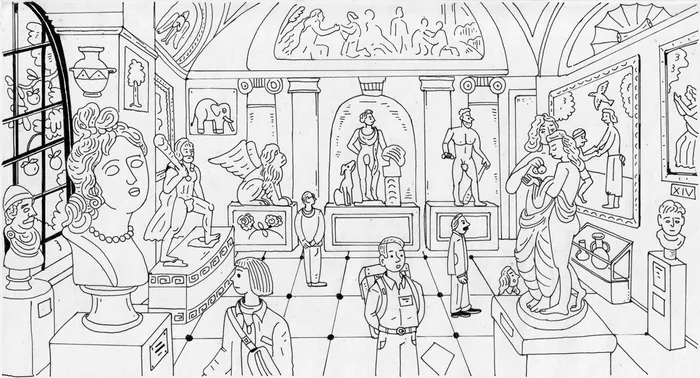 Line drawing of museum interior with classical statues and visitors