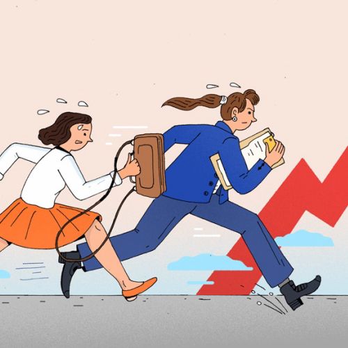 Two businesswomen running after a red arrow graph pointing upwards