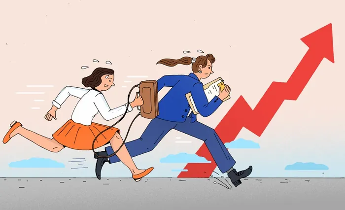Two businesswomen running after a red arrow graph pointing upwards