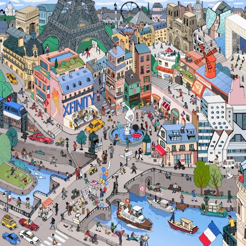 Illustrated busy Paris street scene with Eiffel Tower, boats, and buildings