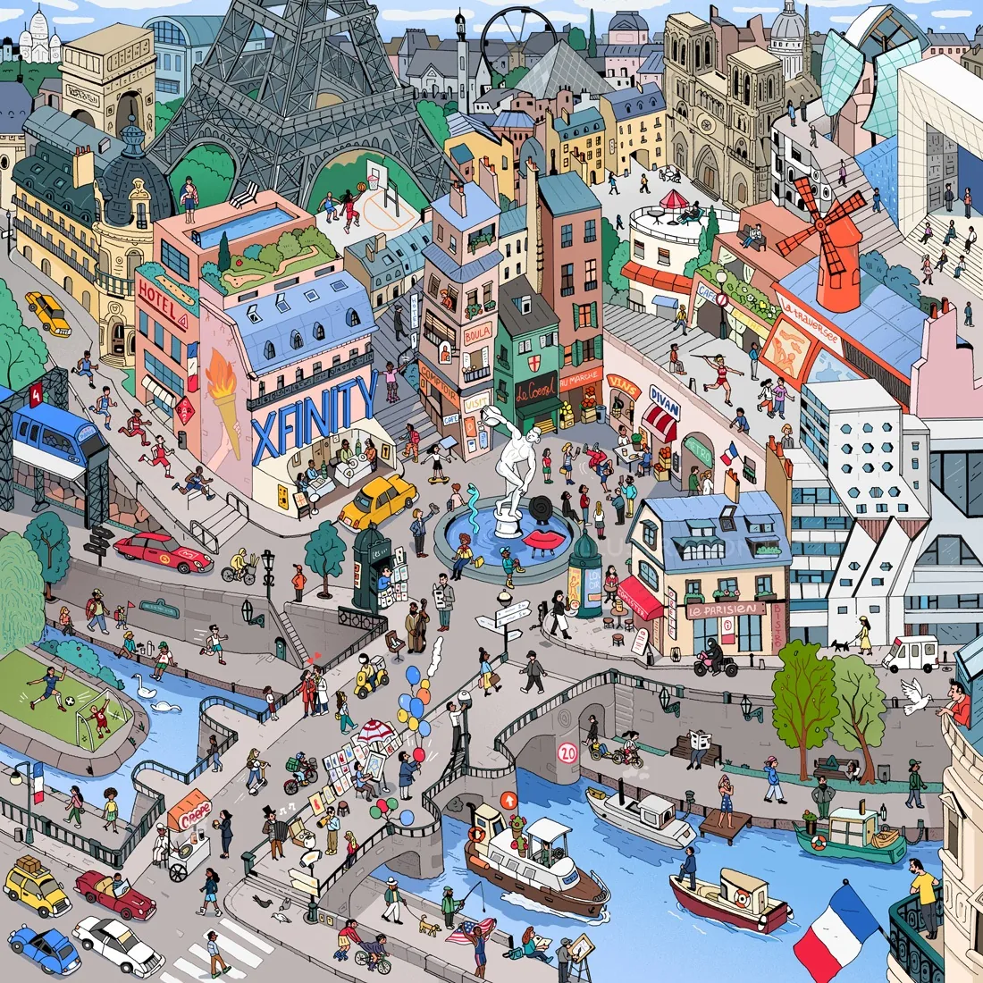 Illustrated busy Paris street scene with Eiffel Tower, boats, and buildings
