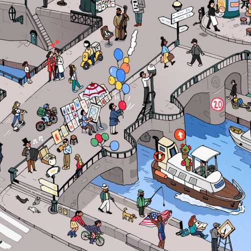 Illustration of a busy Paris street with pedestrians, a boat, and cyclists