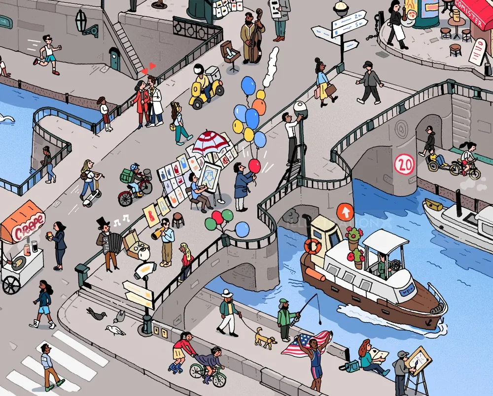 Illustration of a busy Paris street with pedestrians, a boat, and cyclists