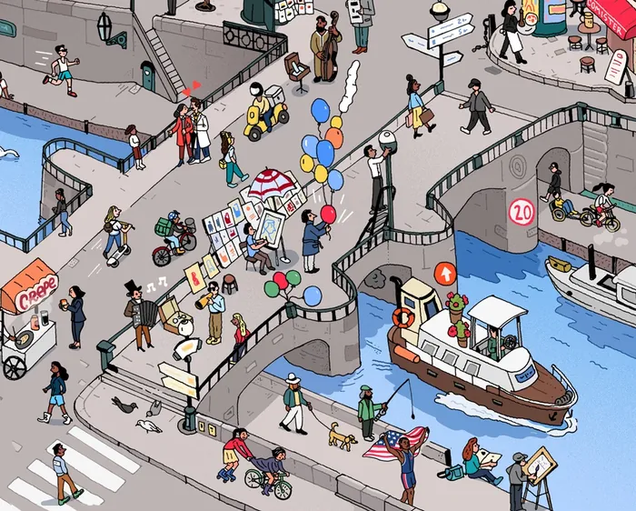Illustration of a busy Paris street with pedestrians, a boat, and cyclists